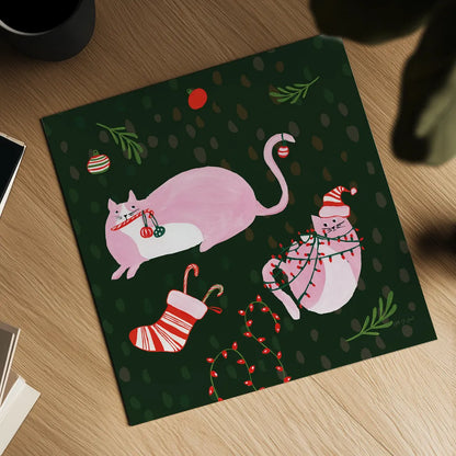 Mischief Kitty Christmas V by Yvette St. Amant. Shown as a detailed flat fine art print, highlighting archival giclee quality. Available as an archival giclee rolled canvas, fine art paper, or poster print. SKU 97544a.