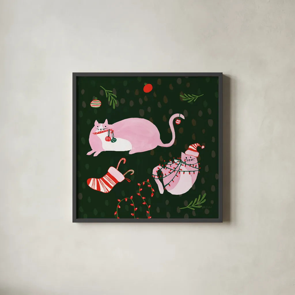Mischief Kitty Christmas V by Yvette St. Amant. Shown in a sleek black glass frame for a contemporary gallery look. Available as an archival giclee rolled canvas, fine art paper, or poster print. SKU 97544a.