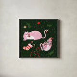Mischief Kitty Christmas V by Yvette St. Amant. Shown in a sleek black glass frame for a contemporary gallery look. Available as an archival giclee rolled canvas, fine art paper, or poster print. SKU 97544a.