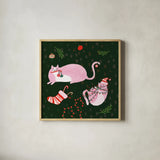 Mischief Kitty Christmas V by Yvette St. Amant. Shown in a natural wood glass frame for a timeless modern aesthetic. Available as an archival giclee rolled canvas, fine art paper, or poster print. SKU 97544a.