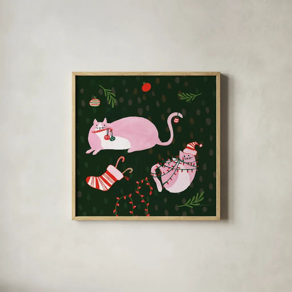 Mischief Kitty Christmas V by Yvette St. Amant. Shown in a natural wood glass frame for a timeless modern aesthetic. Available as an archival giclee rolled canvas, fine art paper, or poster print. SKU 97544a.