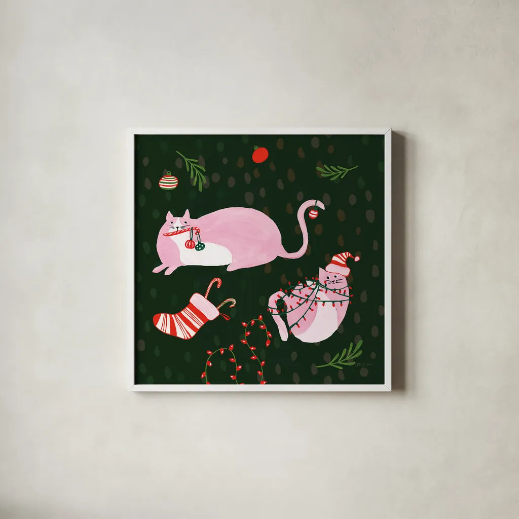 Mischief Kitty Christmas V by Yvette St. Amant. Shown in a crisp white glass frame for a clean and minimalist style. Available as an archival giclee rolled canvas, fine art paper, or poster print. SKU 97544a.