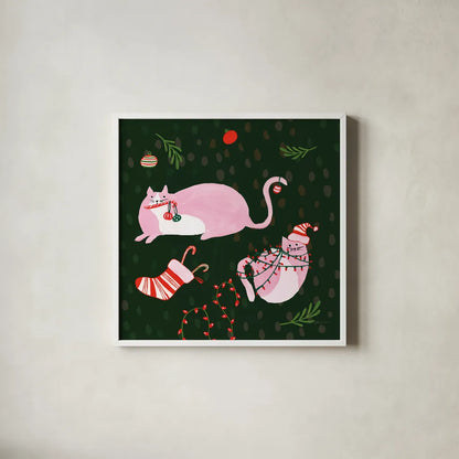 Mischief Kitty Christmas V by Yvette St. Amant. Shown in a crisp white glass frame for a clean and minimalist style. Available as an archival giclee rolled canvas, fine art paper, or poster print. SKU 97544a.