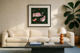 Mischief Kitty Christmas V by Yvette St. Amant. Displayed in a glass frame with matte in a clean modern living room. Available as an archival giclee rolled canvas, fine art paper, or poster print. SKU 97544a.