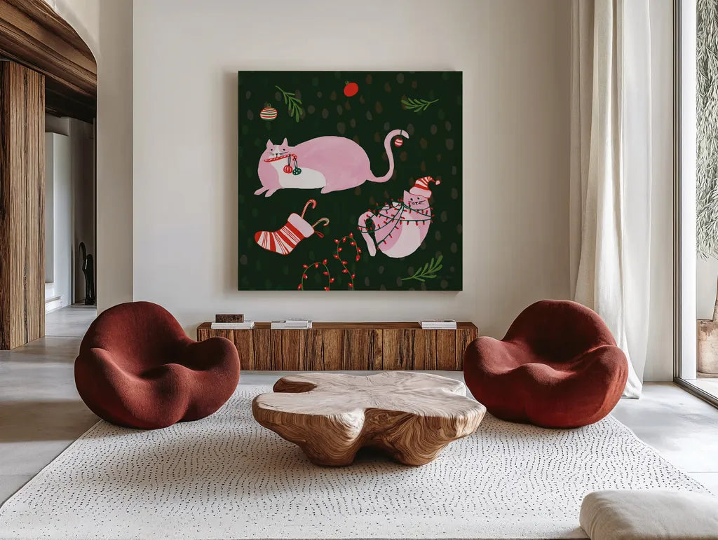 Mischief Kitty Christmas V by Yvette St. Amant. Shown as extra-large giant wall art in a modern living room. Available as an archival giclee rolled canvas, fine art paper, or poster print. SKU 97544a.