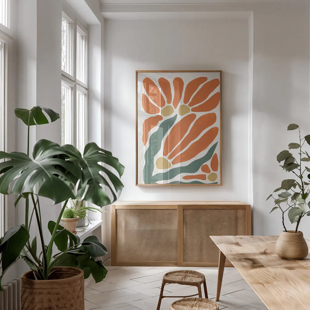 Modern Botanica I by Yvette St. Amant. shown as a print in a natural wood frame in a dining room. Available as a archival giclee rolled canvas, fine art paper, or poster print. SKU 94966h.