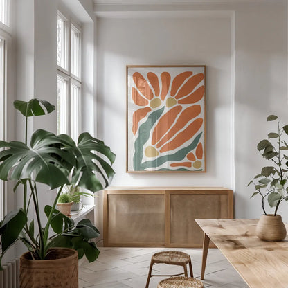 Modern Botanica I by Yvette St. Amant. shown as a print in a natural wood frame in a dining room. Available as a archival giclee rolled canvas, fine art paper, or poster print. SKU 94966h.
