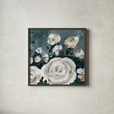 Moody Roses by Yvette St. Amant. Shown in a sleek black glass frame for a contemporary gallery look. Available as an archival giclee rolled canvas, fine art paper, or poster print. SKU 96546a.