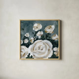Moody Roses by Yvette St. Amant. Shown in a natural wood glass frame for a timeless modern aesthetic. Available as an archival giclee rolled canvas, fine art paper, or poster print. SKU 96546a.