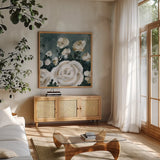 Moody Roses by Yvette St. Amant. Shown in a natural wood frame in a cozy modern living room. Available as an archival giclee rolled canvas, fine art paper, or poster print. SKU 96546a.