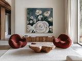 Moody Roses by Yvette St. Amant. Shown as extra-large giant wall art in a modern living room. Available as an archival giclee rolled canvas, fine art paper, or poster print. SKU 96546a.