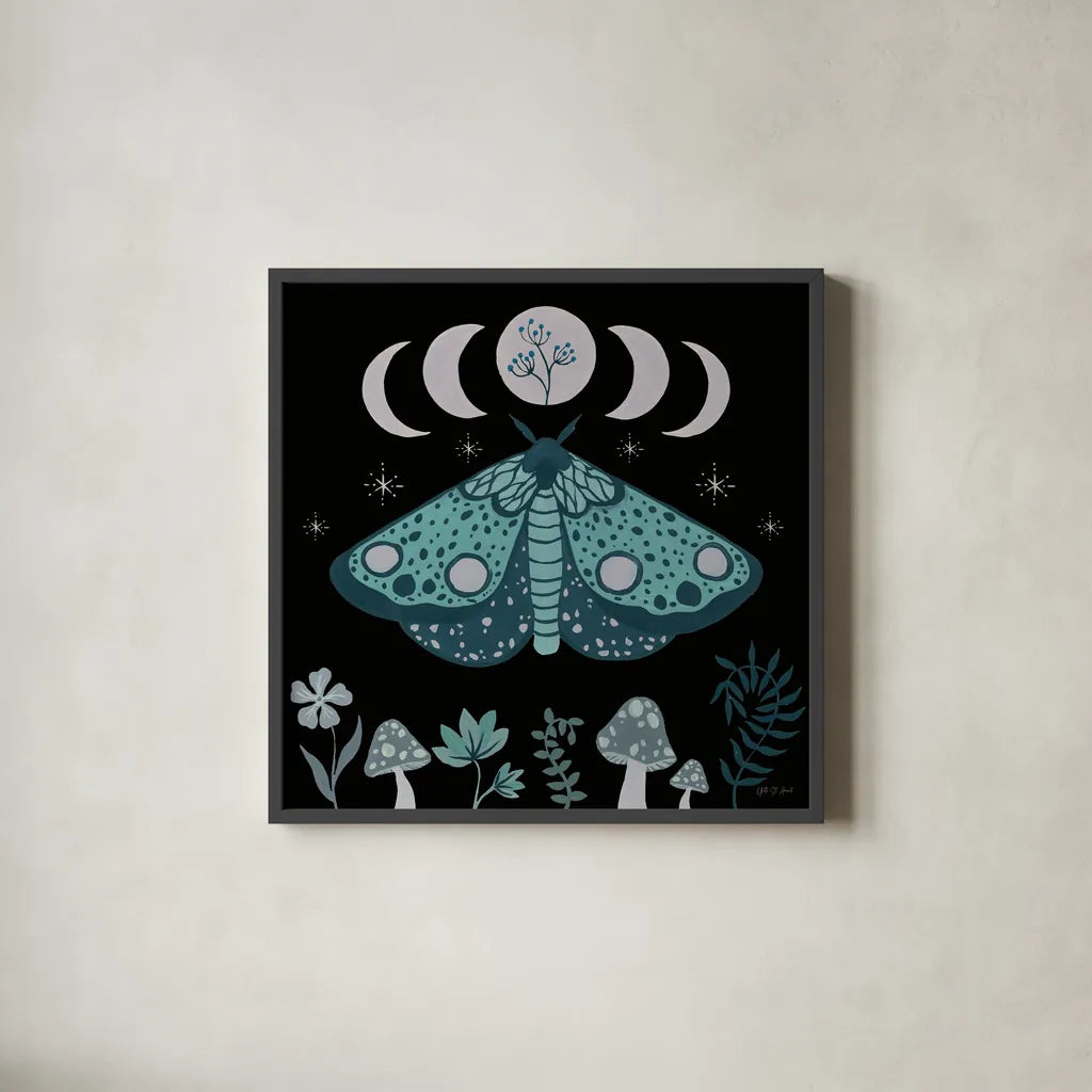 Moon Moth III by Yvette St. Amant. Shown in a sleek black glass frame for a contemporary gallery look. Available as an archival giclee rolled canvas, fine art paper, or poster print. SKU 101204a.