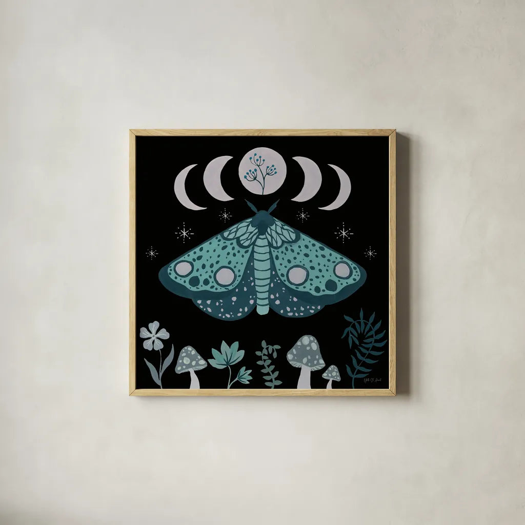 Moon Moth III by Yvette St. Amant. Shown in a natural wood glass frame for a timeless modern aesthetic. Available as an archival giclee rolled canvas, fine art paper, or poster print. SKU 101204a.