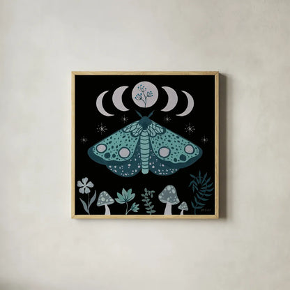 Moon Moth III by Yvette St. Amant. Shown in a natural wood glass frame for a timeless modern aesthetic. Available as an archival giclee rolled canvas, fine art paper, or poster print. SKU 101204a.