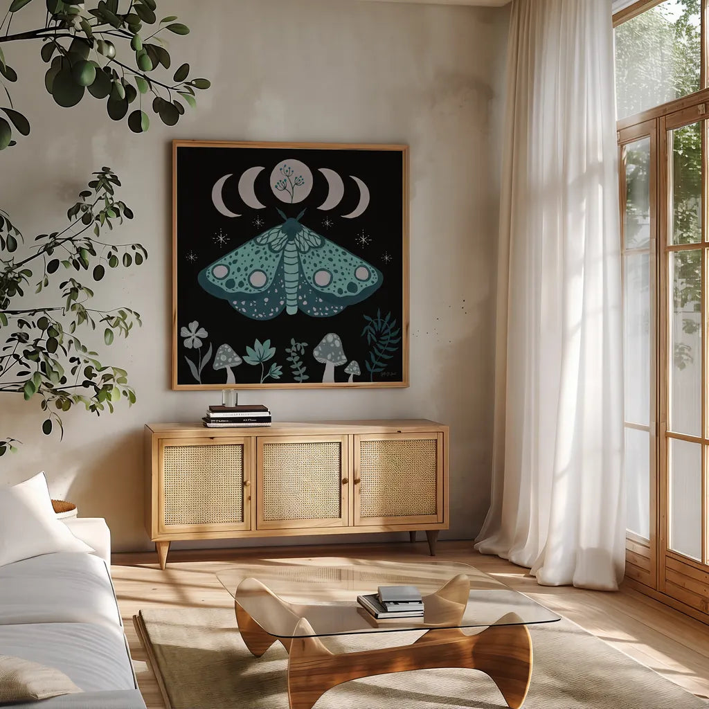 Moon Moth III by Yvette St. Amant. Shown in a natural wood frame in a cozy modern living room. Available as an archival giclee rolled canvas, fine art paper, or poster print. SKU 101204a.