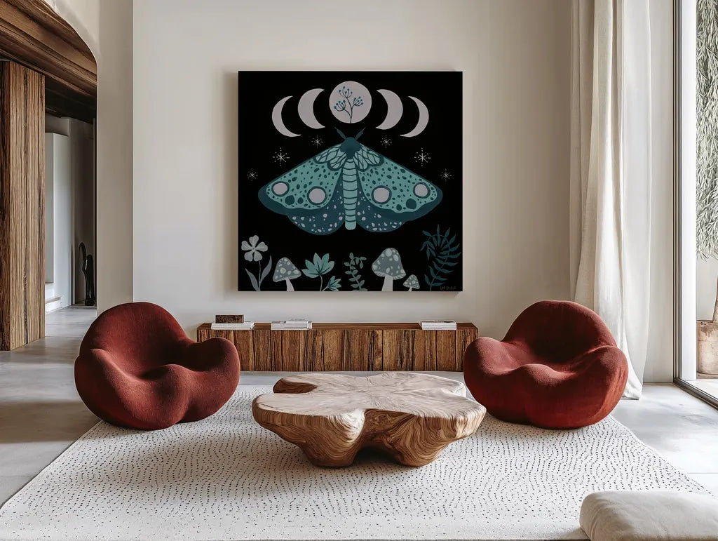 Moon Moth III by Yvette St. Amant. Shown as extra-large giant wall art in a modern living room. Available as an archival giclee rolled canvas, fine art paper, or poster print. SKU 101204a.