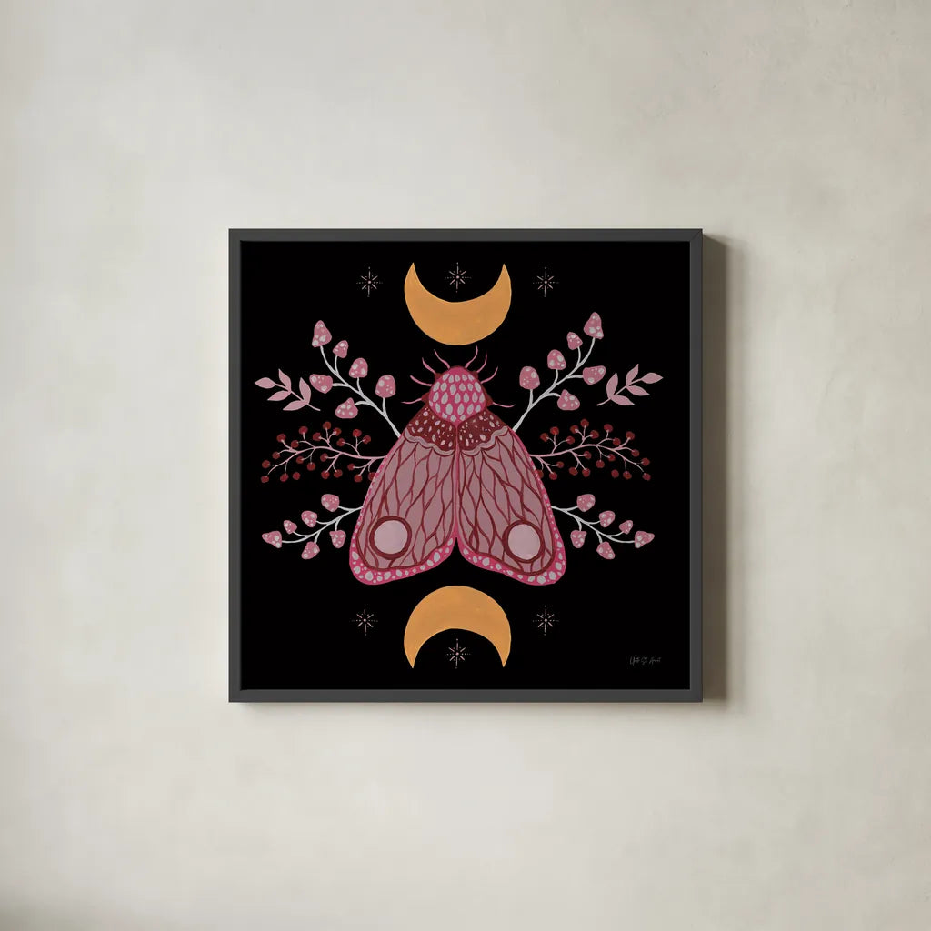 Moon Moth IV by Yvette St. Amant. Shown in a sleek black glass frame for a contemporary gallery look. Available as an archival giclee rolled canvas, fine art paper, or poster print. SKU 101205a.