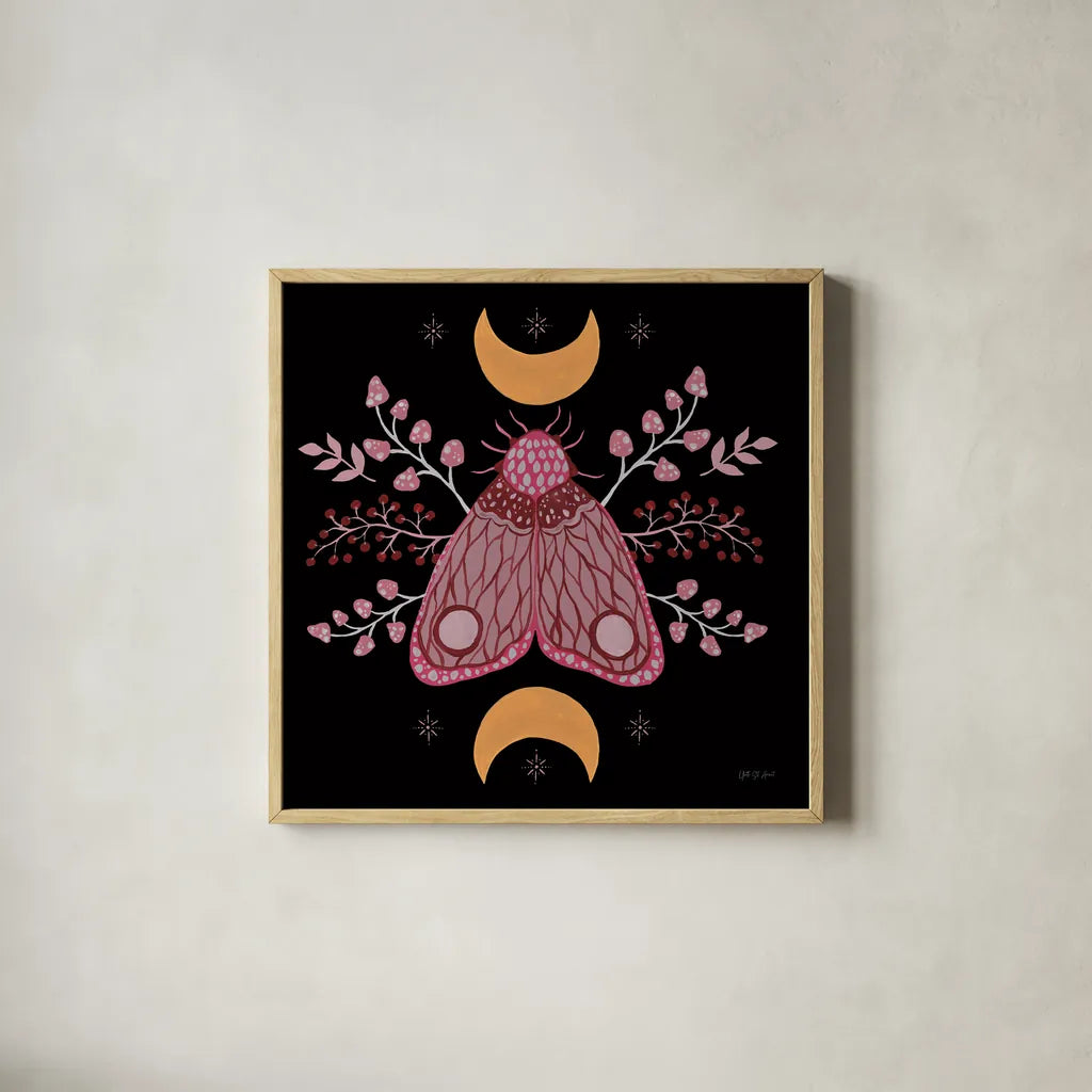 Moon Moth IV by Yvette St. Amant. Shown in a natural wood glass frame for a timeless modern aesthetic. Available as an archival giclee rolled canvas, fine art paper, or poster print. SKU 101205a.