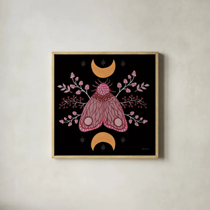 Moon Moth IV by Yvette St. Amant. Shown in a natural wood glass frame for a timeless modern aesthetic. Available as an archival giclee rolled canvas, fine art paper, or poster print. SKU 101205a.