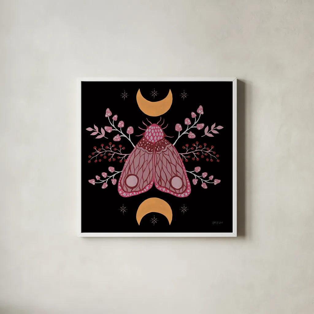 Moon Moth IV by Yvette St. Amant. Shown in a crisp white glass frame for a clean and minimalist style. Available as an archival giclee rolled canvas, fine art paper, or poster print. SKU 101205a.