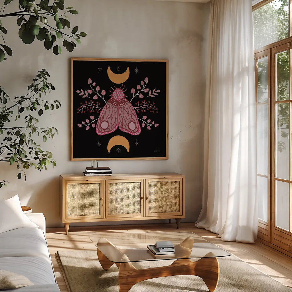 Moon Moth IV by Yvette St. Amant. Shown in a natural wood frame in a cozy modern living room. Available as an archival giclee rolled canvas, fine art paper, or poster print. SKU 101205a.