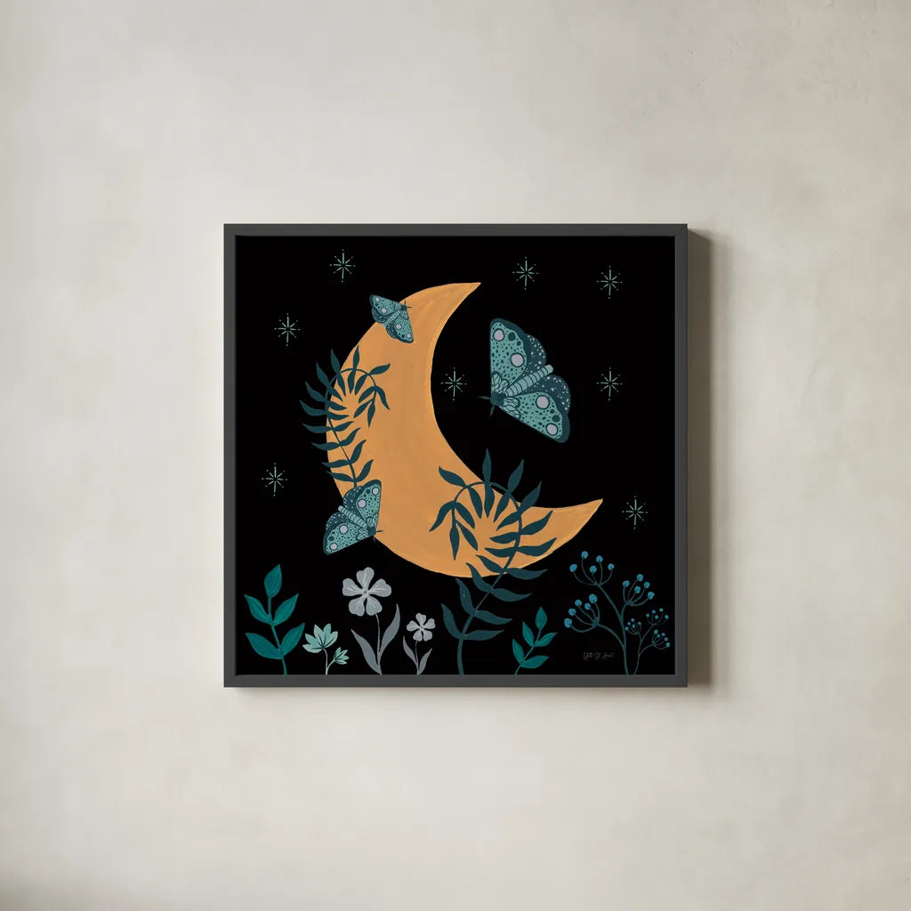 Moon Moth IX by Yvette St. Amant. Shown in a sleek black glass frame for a contemporary gallery look. Available as an archival giclee rolled canvas, fine art paper, or poster print. SKU 101210a.