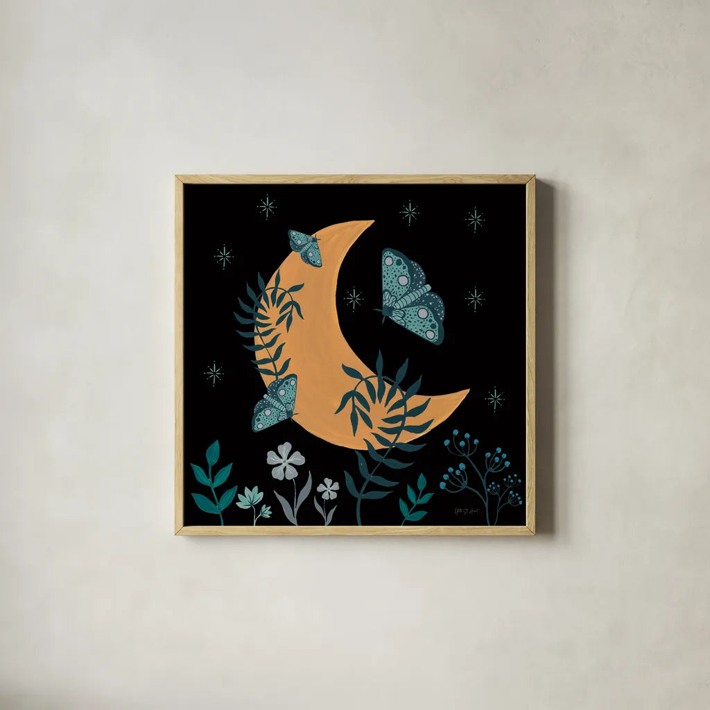 Moon Moth IX by Yvette St. Amant. Shown in a natural wood glass frame for a timeless modern aesthetic. Available as an archival giclee rolled canvas, fine art paper, or poster print. SKU 101210a.