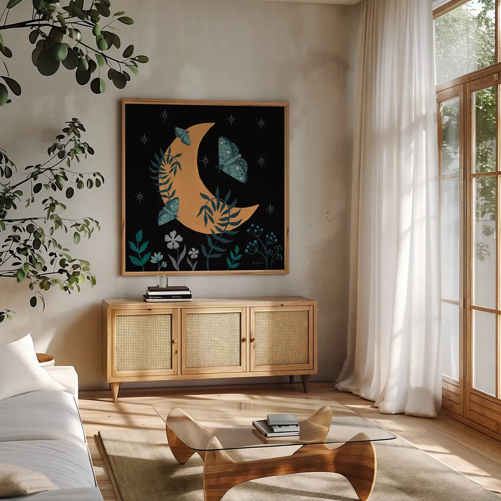 Moon Moth IX by Yvette St. Amant. Shown in a natural wood frame in a cozy modern living room. Available as an archival giclee rolled canvas, fine art paper, or poster print. SKU 101210a.