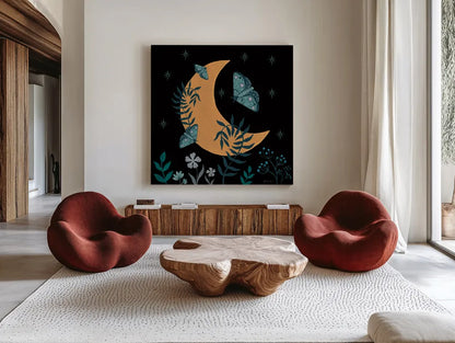 Moon Moth IX by Yvette St. Amant. Shown as extra-large giant wall art in a modern living room. Available as an archival giclee rolled canvas, fine art paper, or poster print. SKU 101210a.