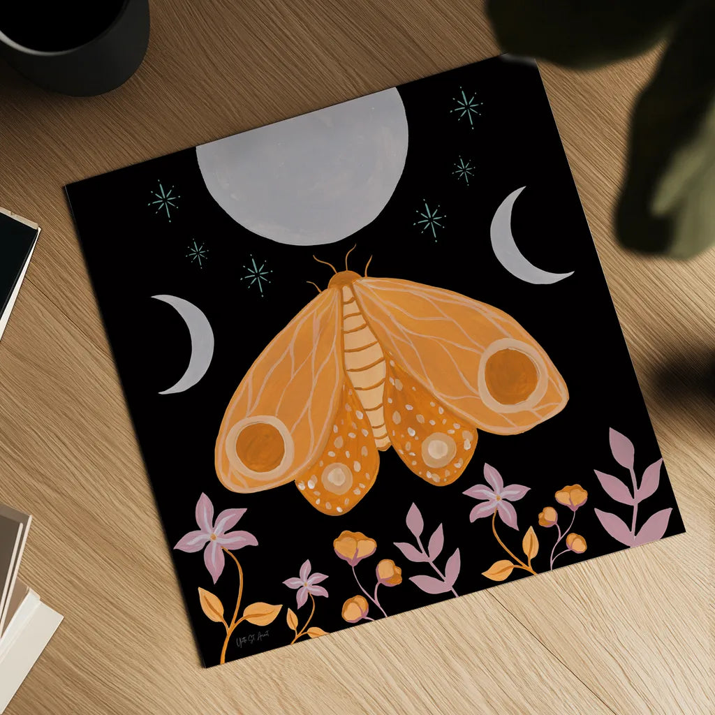 Moon Moth V by Yvette St. Amant. Shown as a detailed flat fine art print, highlighting archival giclee quality. Available as an archival giclee rolled canvas, fine art paper, or poster print. SKU 101206a.