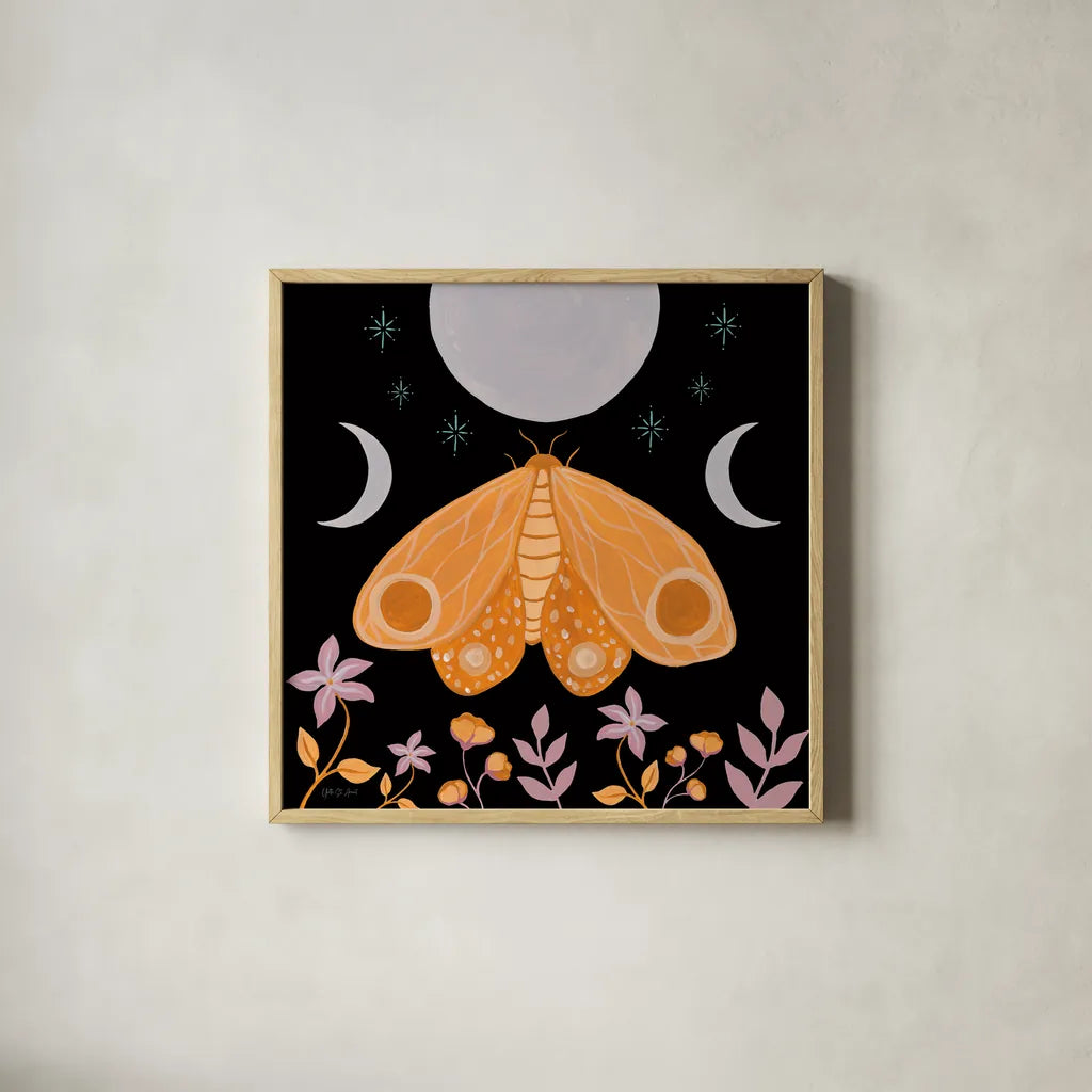 Moon Moth V by Yvette St. Amant. Shown in a natural wood glass frame for a timeless modern aesthetic. Available as an archival giclee rolled canvas, fine art paper, or poster print. SKU 101206a.