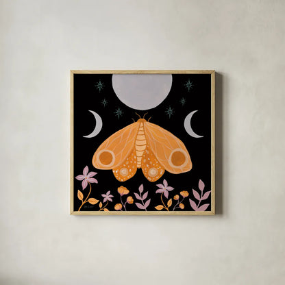 Moon Moth V by Yvette St. Amant. Shown in a natural wood glass frame for a timeless modern aesthetic. Available as an archival giclee rolled canvas, fine art paper, or poster print. SKU 101206a.