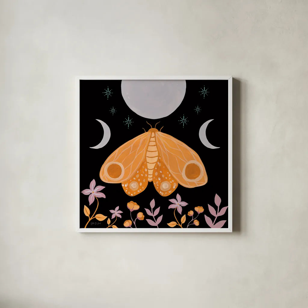 Moon Moth V by Yvette St. Amant. Shown in a crisp white glass frame for a clean and minimalist style. Available as an archival giclee rolled canvas, fine art paper, or poster print. SKU 101206a.