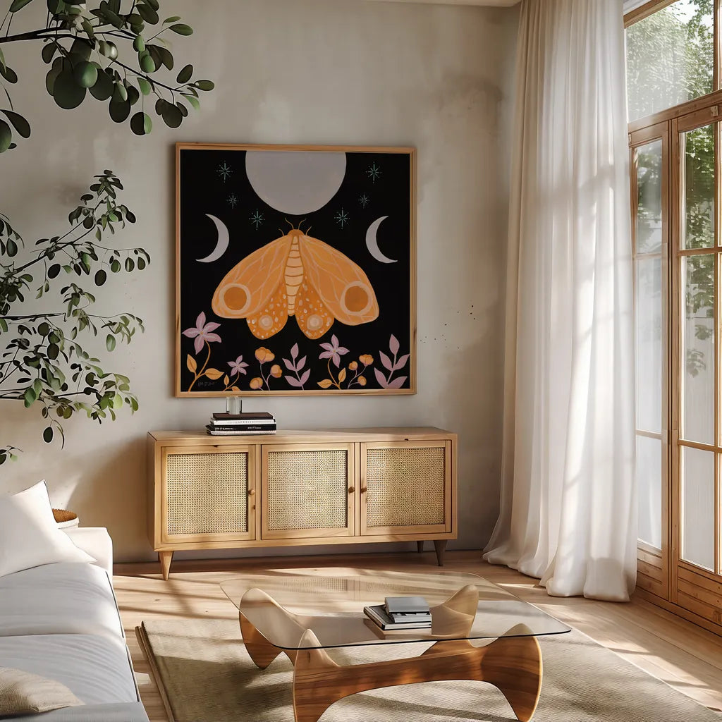 Moon Moth V by Yvette St. Amant. Shown in a natural wood frame in a cozy modern living room. Available as an archival giclee rolled canvas, fine art paper, or poster print. SKU 101206a.