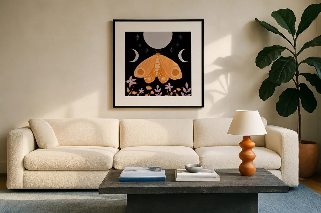 Moon Moth V by Yvette St. Amant. Displayed in a glass frame with matte in a clean modern living room. Available as an archival giclee rolled canvas, fine art paper, or poster print. SKU 101206a.