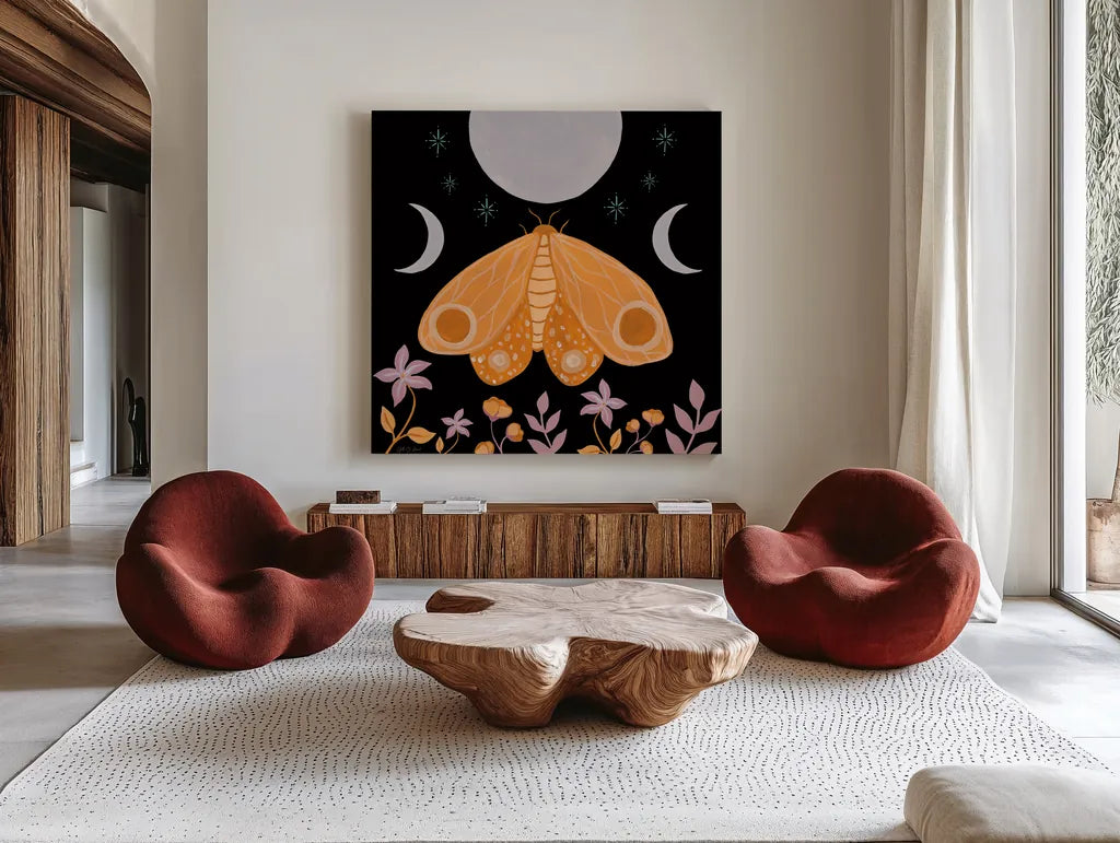 Moon Moth V by Yvette St. Amant. Shown as extra-large giant wall art in a modern living room. Available as an archival giclee rolled canvas, fine art paper, or poster print. SKU 101206a.