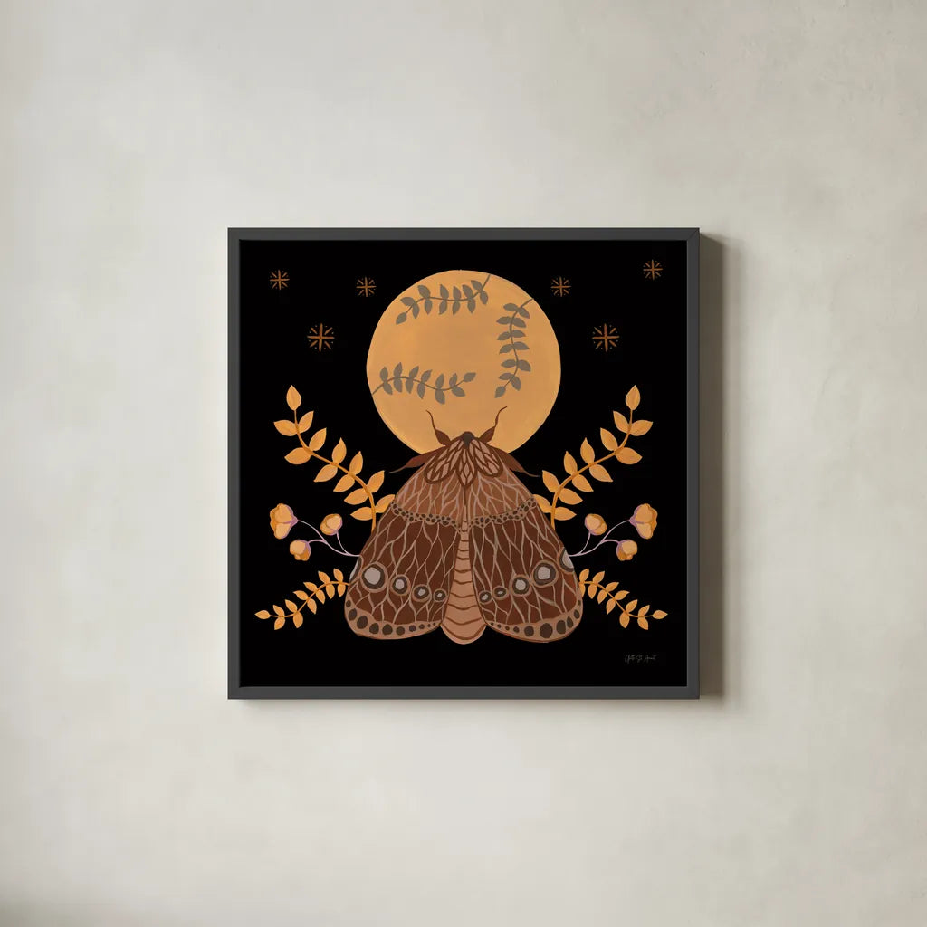 Moon Moth VI by Yvette St. Amant. Shown in a sleek black glass frame for a contemporary gallery look. Available as an archival giclee rolled canvas, fine art paper, or poster print. SKU 101207a.