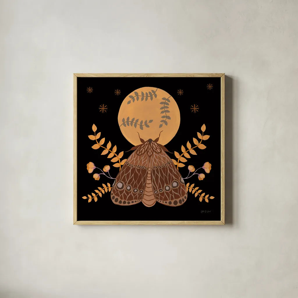 Moon Moth VI by Yvette St. Amant. Shown in a natural wood glass frame for a timeless modern aesthetic. Available as an archival giclee rolled canvas, fine art paper, or poster print. SKU 101207a.