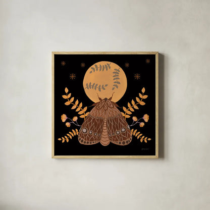 Moon Moth VI by Yvette St. Amant. Shown in a natural wood glass frame for a timeless modern aesthetic. Available as an archival giclee rolled canvas, fine art paper, or poster print. SKU 101207a.