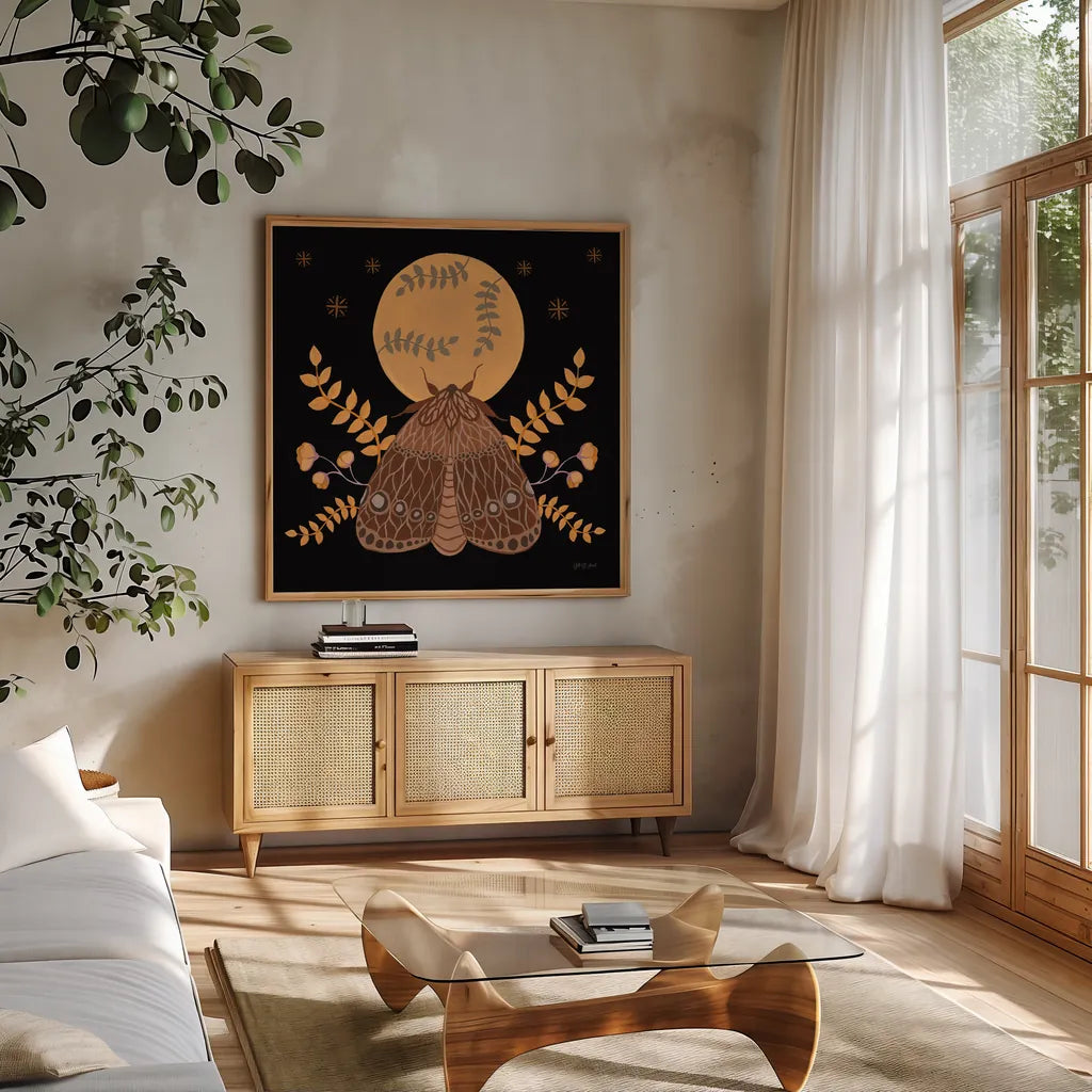 Moon Moth VI by Yvette St. Amant. Shown in a natural wood frame in a cozy modern living room. Available as an archival giclee rolled canvas, fine art paper, or poster print. SKU 101207a.