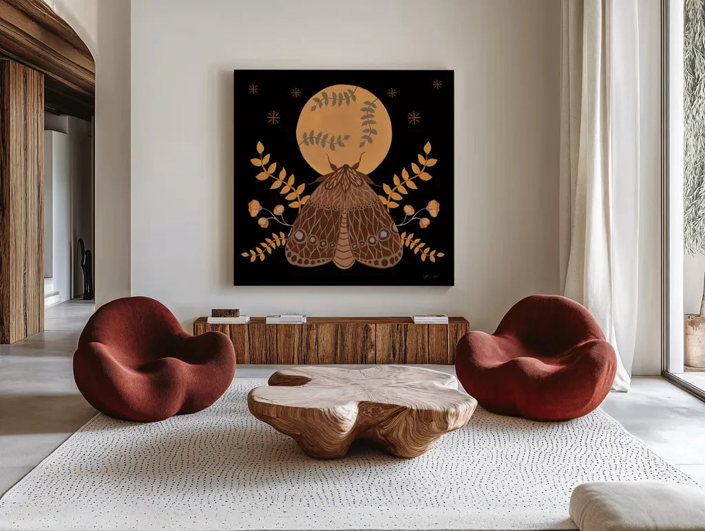 Moon Moth VI by Yvette St. Amant. Shown as extra-large giant wall art in a modern living room. Available as an archival giclee rolled canvas, fine art paper, or poster print. SKU 101207a.