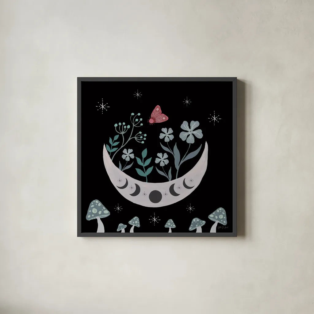 Moon Moth VII by Yvette St. Amant. Shown in a sleek black glass frame for a contemporary gallery look. Available as an archival giclee rolled canvas, fine art paper, or poster print. SKU 101208a.