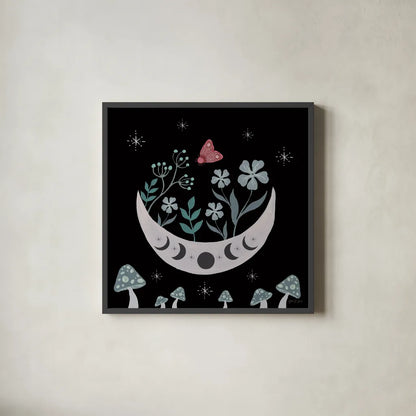 Moon Moth VII by Yvette St. Amant. Shown in a sleek black glass frame for a contemporary gallery look. Available as an archival giclee rolled canvas, fine art paper, or poster print. SKU 101208a.