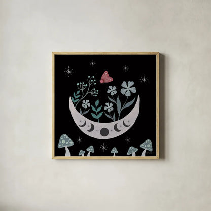 Moon Moth VII by Yvette St. Amant. Shown in a natural wood glass frame for a timeless modern aesthetic. Available as an archival giclee rolled canvas, fine art paper, or poster print. SKU 101208a.