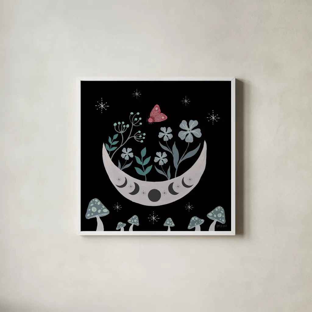 Moon Moth VII by Yvette St. Amant. Shown in a crisp white glass frame for a clean and minimalist style. Available as an archival giclee rolled canvas, fine art paper, or poster print. SKU 101208a.