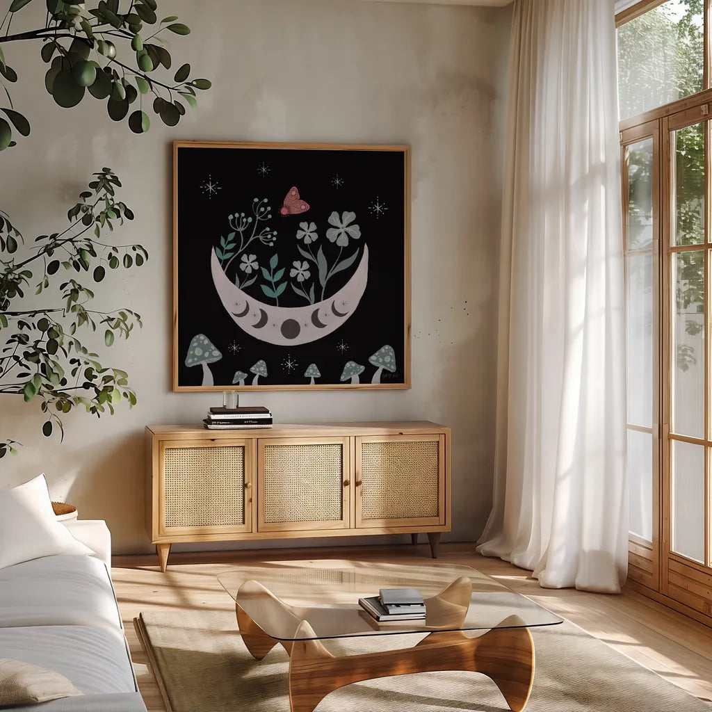 Moon Moth VII by Yvette St. Amant. Shown in a natural wood frame in a cozy modern living room. Available as an archival giclee rolled canvas, fine art paper, or poster print. SKU 101208a.