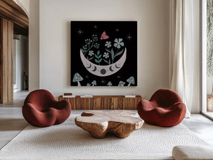 Moon Moth VII by Yvette St. Amant. Shown as extra-large giant wall art in a modern living room. Available as an archival giclee rolled canvas, fine art paper, or poster print. SKU 101208a.