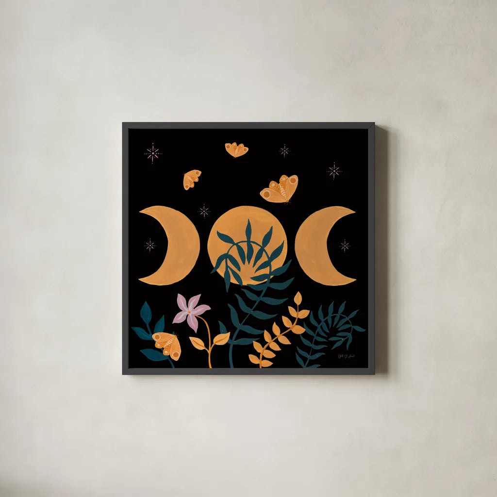 Moon Moth VIII by Yvette St. Amant. Shown in a sleek black glass frame for a contemporary gallery look. Available as an archival giclee rolled canvas, fine art paper, or poster print. SKU 101209a.