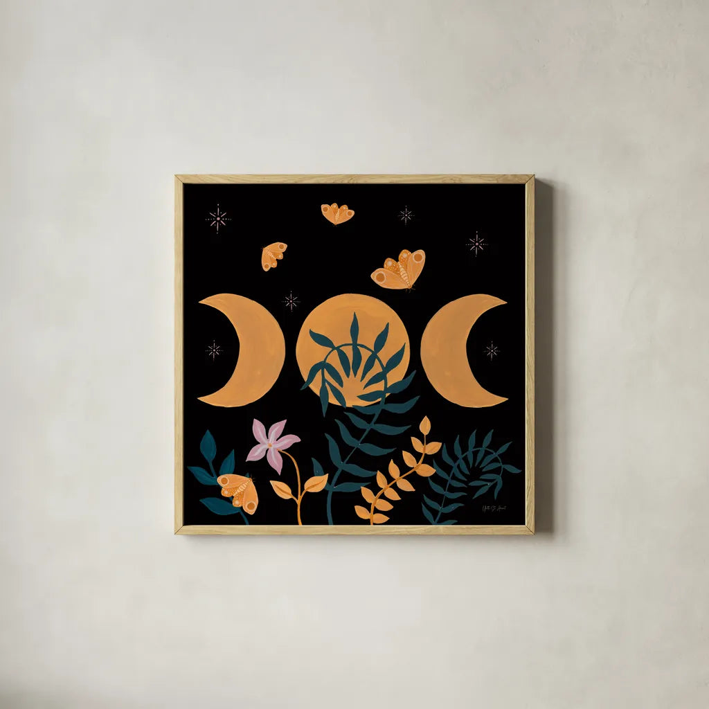 Moon Moth VIII by Yvette St. Amant. Shown in a natural wood glass frame for a timeless modern aesthetic. Available as an archival giclee rolled canvas, fine art paper, or poster print. SKU 101209a.