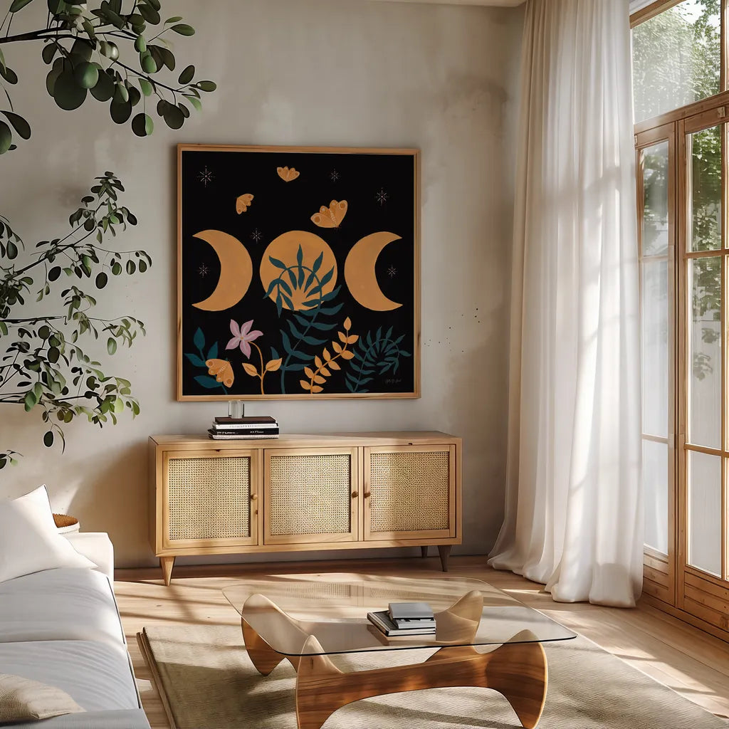 Moon Moth VIII by Yvette St. Amant. Shown in a natural wood frame in a cozy modern living room. Available as an archival giclee rolled canvas, fine art paper, or poster print. SKU 101209a.